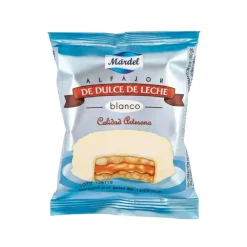 Mardel Alfajores Blanco, biscotto con caramello al latte ricoperto di cioccolato bianco da 50g
